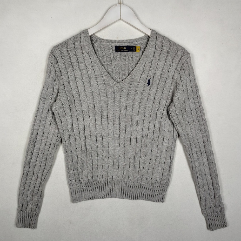Polo Ralph Lauren Cable-Knit V-Neck Cotton Sweater Grey M 1285
